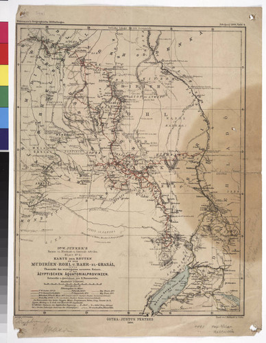 Dr. W. Junker's Reisen in Nordost- U. Cental-Afrika, Blatt No. 2. Karte der Routen in den Mudiríen. Rohl u. Bahr-el-Ghasál, sowie Übersicht der wichtigsten neueren Reisen in den Ägyptischen Äquatorialprovinzen / entworfen u. gezeichnet von B. Hassenstein