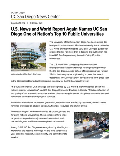 U.S. News and World Report Again Names UC San Diego One of Nation’s Top 10 Public Universities
