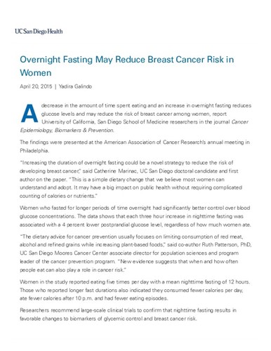 Overnight Fasting May Reduce Breast Cancer Risk in Women