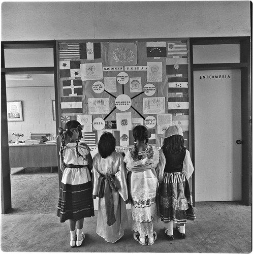 Students representing several countries during the celebration of Day of the United Nations. Alessio School Number 4, Colonia Postal