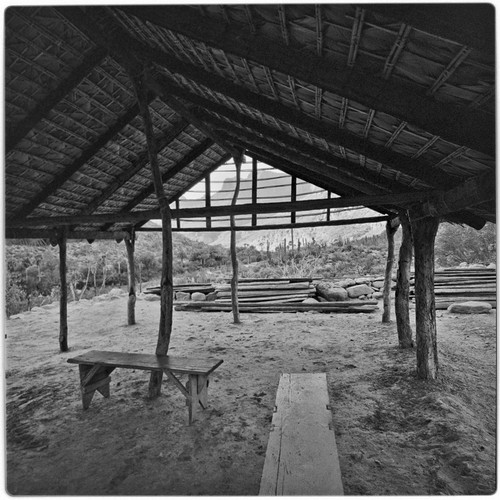 The corredor, a roofed and open-air porch, under construction at Rancho San Nicolás