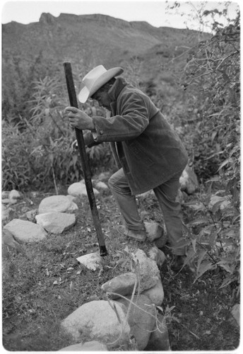 Loreto Arce working in his garden at Rancho San Gregorio