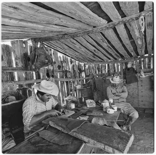 Germán Arce making shoes and reminiscing with Tacho Arce at Rancho San Casimiro