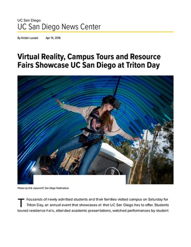 Virtual Reality, Campus Tours and Resource Fairs Showcase UC San Diego at Triton Day