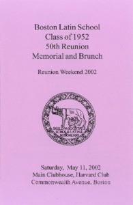 Boston Latin School Class of 1952 50th Reunion, May 11, 2002, Program