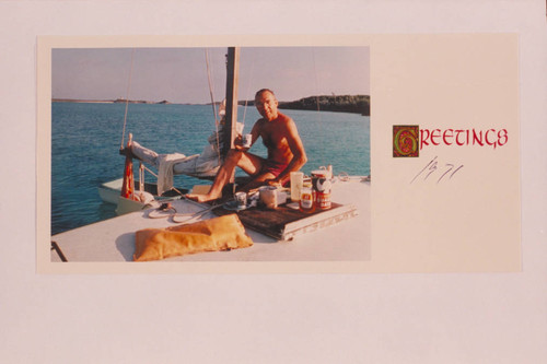 Jorgen Visbak at the Bahamas. His Xmas card [with manuscript notes from Visbak to Dock Marston on reverse]