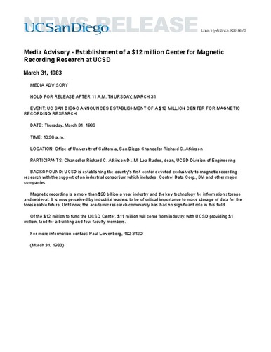 Media Advisory - Establishment of a $12 million Center for Magnetic Recording Research at UCSD