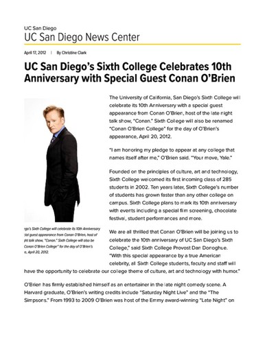 UC San Diego’s Sixth College Celebrates 10th Anniversary with Special Guest Conan O’Brien