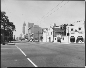 Exterior view of the old Plaza Church from the north end of the Plaza, showing City Hall in the background, March 17, 1960