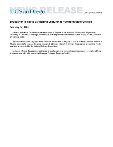 Brueckner To Serve as Visiting Lecturer at Humboldt State College