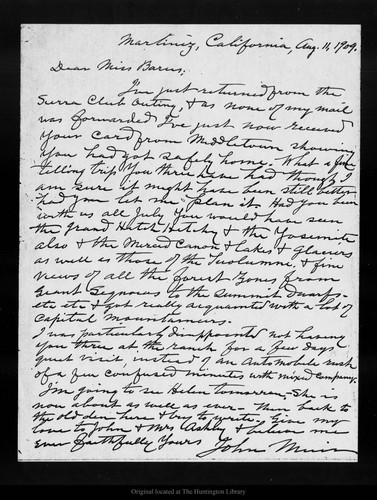 Letter from John Muir to [Clara] Barrus, 1909 Aug 11