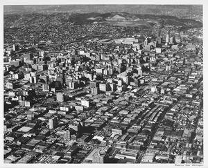 Aerial view downtown Los Angeles, Dodger Stadium, Harbor Freeway (I-110), Civic Center