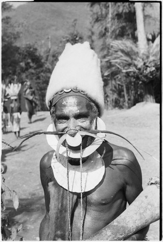 Pig festival, singsing, Kwiop: man with shell valuables and white marsupial fur cap