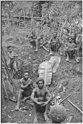 Dispute in Tuguma: men, including luluai, discuss garden damage done by neighboring group's pig