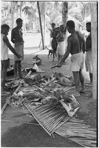 Ambaiat: distribution of pork from pig killed for damaging garden, supervised by pig's owner, Ausandar (in shirt)