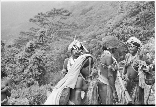 Pig festival, uprooting cordyline ritual, Tsembaga: decorated adolescent girls and women, one carries bamboo water containers