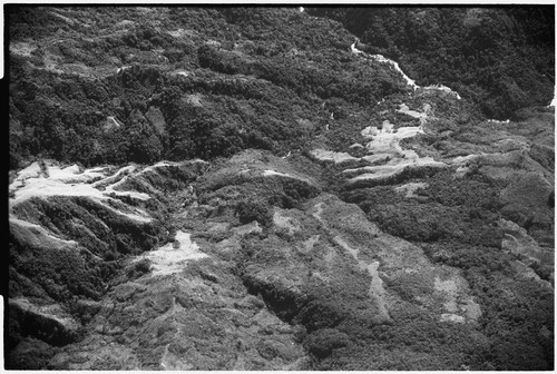 Aerial view of mountains, river, deforested areas, and garden clearings