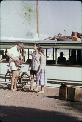 The Moana Tei (ship) at Papeete wharf, scholars Richard Moench. Paul Kay and Kaye Green on shore