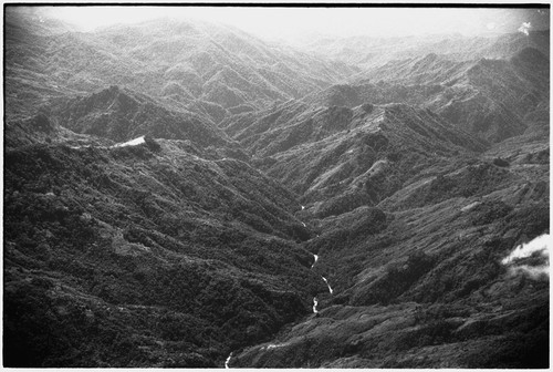 Aerial view of mountains and river valley