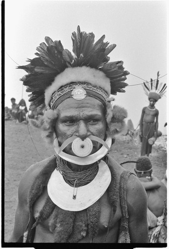 Pig festival, singsing, Tsembaga hosts Tsengamp: decorated man with fur and feather headdress, shell valuables