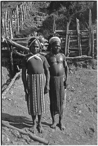 Men wear headdresses and shell valuables, stand near fence and ditch