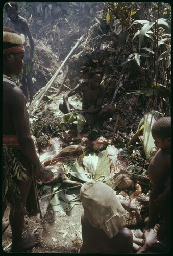 Pig festival, pig sacrifice, Torpai: in ancestral shrine, men prepare pork and other foods