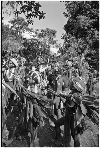 Pig festival, stake-planting, Tuguma: decorated Tsembaga men with ritual items to expel enemy spirits and establish boundary