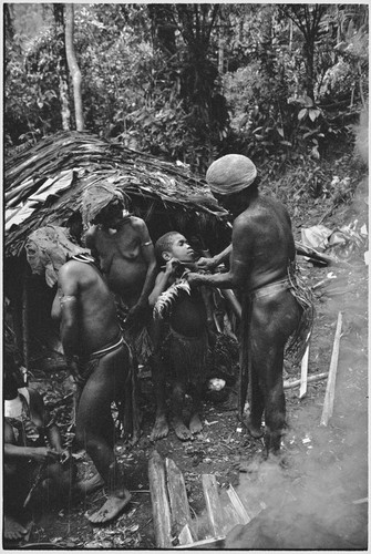 Pig festival, uprooting cordyline ritual, Tsembaga: man uses cassowary bone to feed pandanus to a child