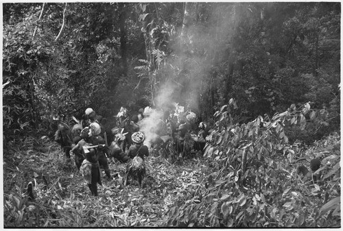 Pig festival, stake-planting, Tuguma: Tuguma men and allies perform rituals to establish boundary with enemy territory