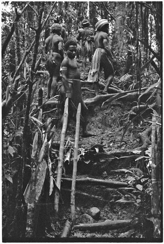 Pig festival, stake-planting, Tuguma: men at boundary gate marked with painted stakes