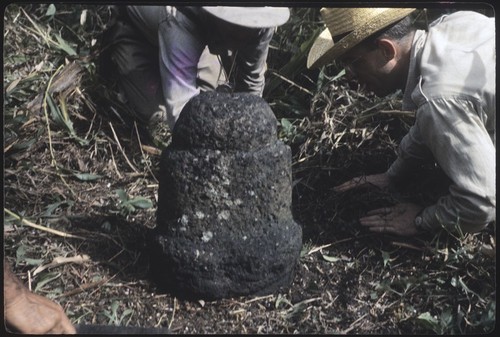 Archaeologists Kenneth Emory and Pierre Verin examine Ti'i (tiki) statue used as boundary marker