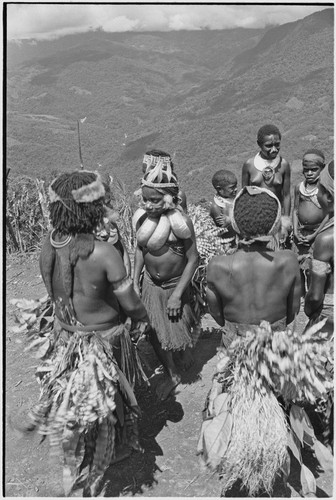 Pig festival, singsing preparations, Tsembaga: young dancers in grass bustles and shell valuables sing