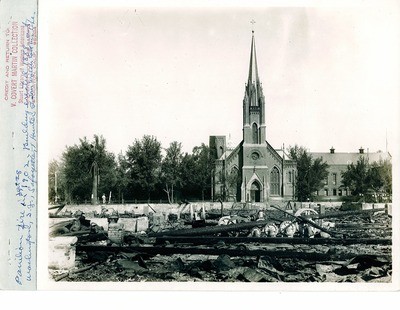 Stockton - Fires and Fire Prevention 1900-1910: Saint Mary's Church over ruins of Pavilion Fire