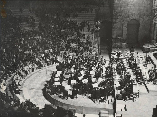 Photograph of the Los Angeles Philharmonic in performance at the Odeon of Herod Atticus Amphitheater in Athens