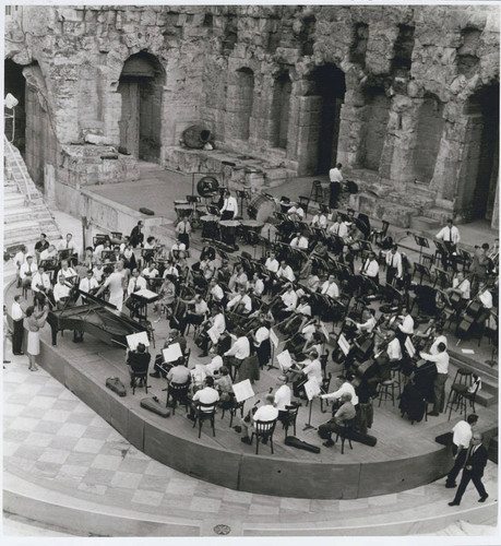 Photograph of the Los Angeles Philharmonic in rehearsal at the Odeon of Herod Atticus Amphitheater in Athens