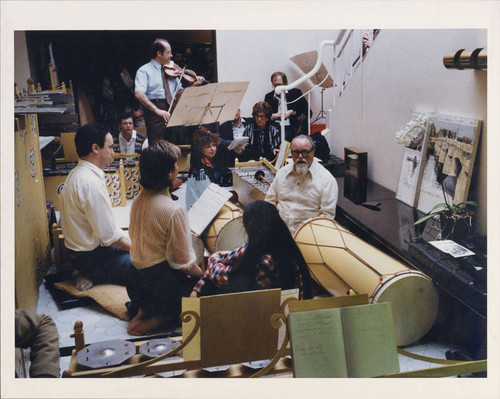 Photograph of Lou Harrison and musicians