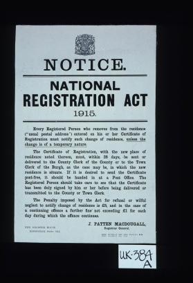 Notice. National Registration Act, 1915. Every registered person who removes from the residence ("usual postal address") entered on his or her Certificate of Registration must notify such change of residence, unless the change is of a temporary nature ... Edinburough, J. Patten MacDougal