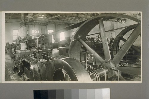 [Engine and belt-driven generator. Interior of power house. Redwood Manufacturers Company. Pittsburg, California.]