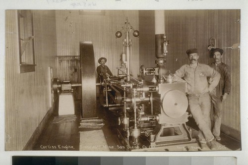 Corliss Engine. Stonewall Mine, San Diego Co., Cal. 1015. Irving M. Scott at right. Gary Brechin says its Irving Scott Jr. [Photograph by Parker.]