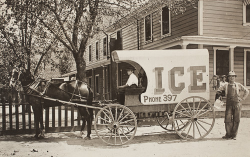 Beaumont Ice Truck delivery wagon. A cake of ice is being weighed in the back. Postcard