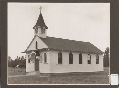 The newly built San Gorgonio Catholic Church was erected at 7th and Palm, on the southwest corner