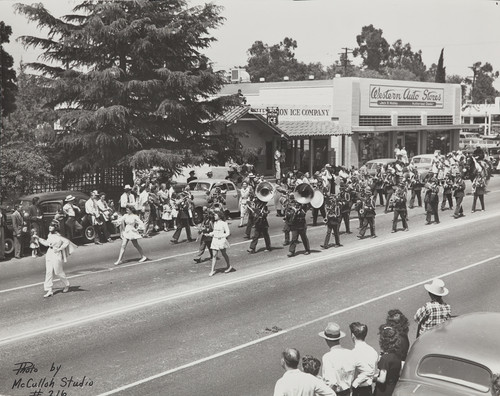 The Beaumont High School Band marching in the 1947 Cherry Festival Parade