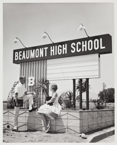 Anne Bedford and Gary Carleson, Class of 1963, on the 1591 Cherry Ave. campus of Beaumont High School