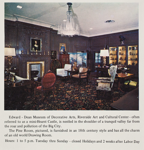 The interior of the Edward-Dean Museum of Decorative Arts, Riverside Art and Cultural Center. The Pine Room, furnished in an 18th century style, is pictured