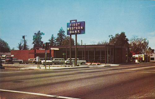 A postcard of Beaumont Ave and the First Western Bank