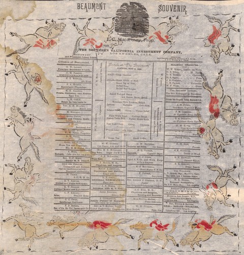 Beaumont Souvenir napkin, sponsored by The Southern California Investment Company