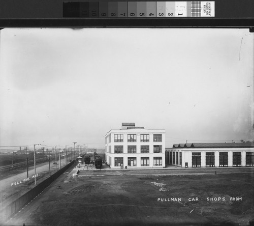 [Photograph of Pullman shops and railroad cars]