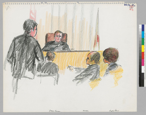 [recto]: Judge Richard Arnason; District Attorney Albert Harris, Jr. [standing]; Attorney Leo Branton, Jr.; Angela Davis