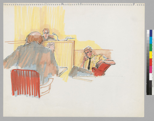 [recto]: Magee trial scene - Attorney Robert Carrow, Judge, Bailiff