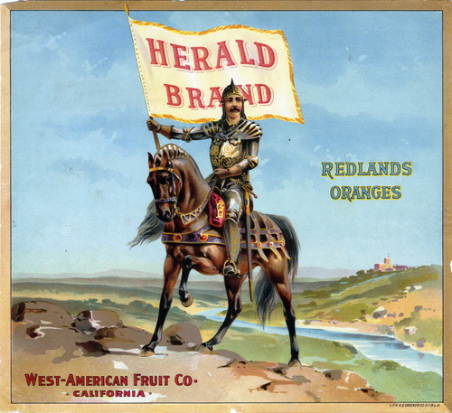 Crate label, "Herald Brand." Redlands Oranges. West-American Fruit Co., Calif